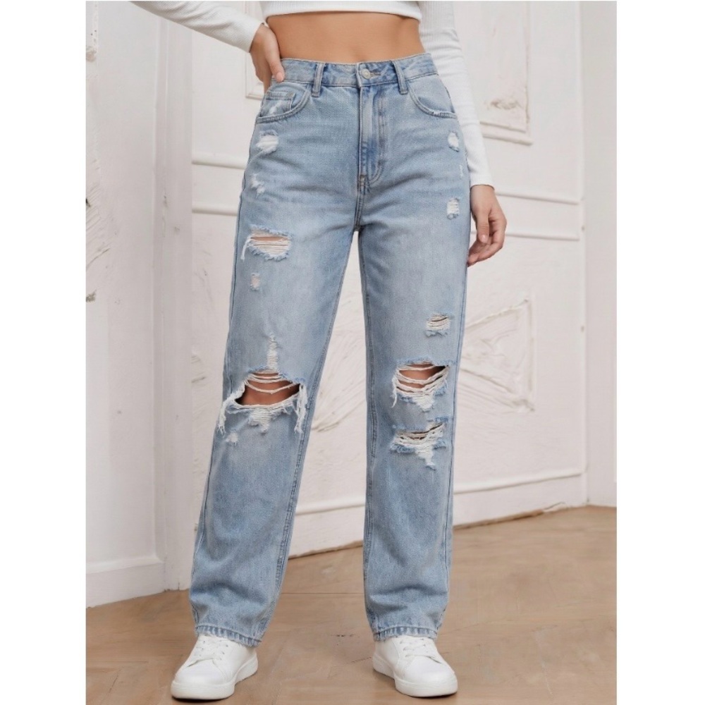 Abercrombie & Fitch Jeans 2 Womens Girlfriend High Rise Blue Denim Distressed